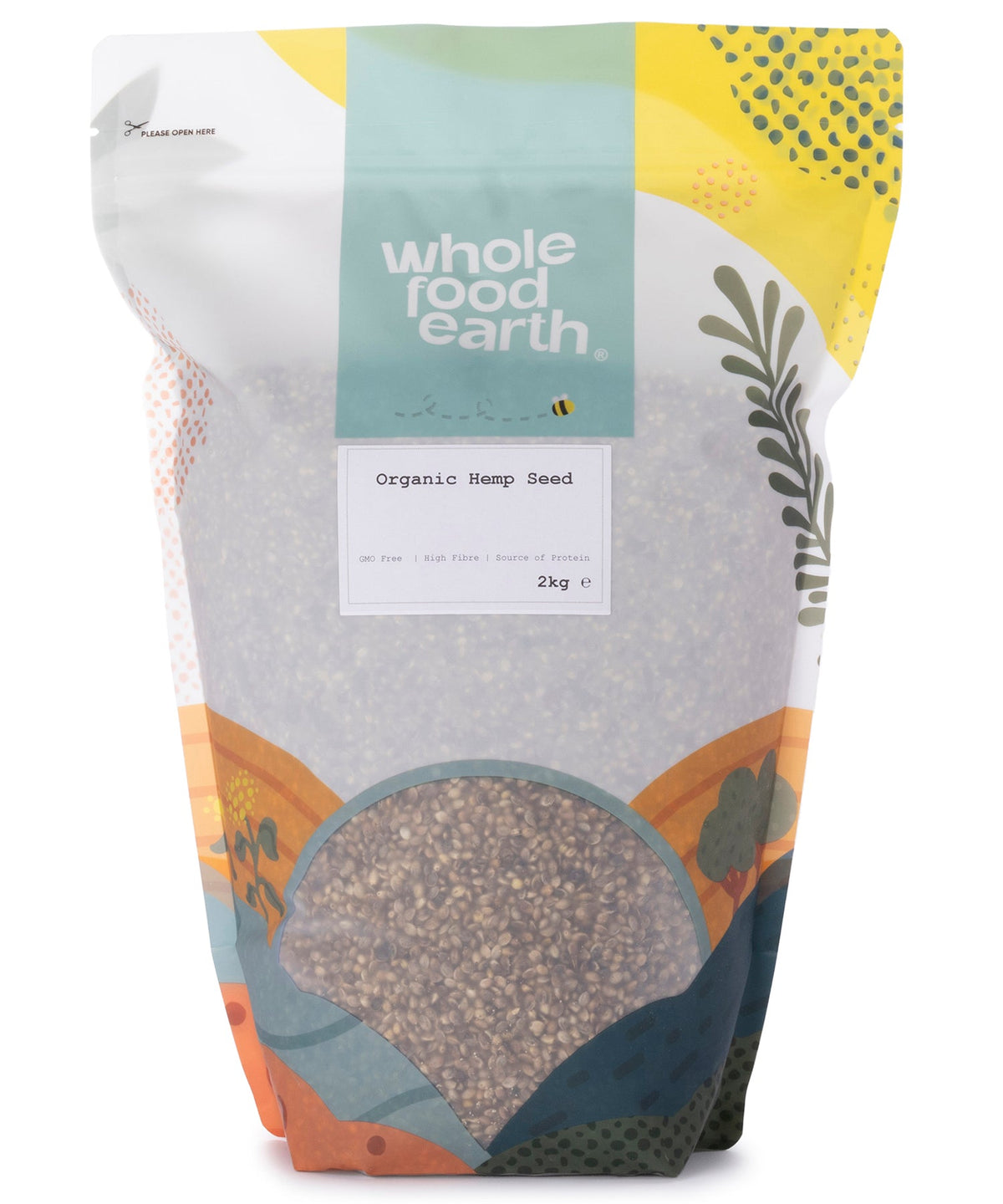 Organic hemp seeds in a 2kg package, natural nuts and seeds from Whole Food Earth, shown in a clear, close-up image.
