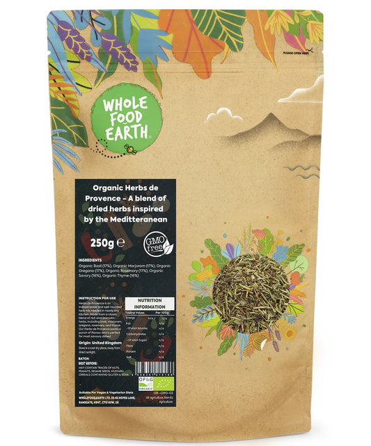 Organic Herbs de Provence from Whole Food Earth, dried Mediterranean herbs blend in a 250g package, fresh and aromatic.