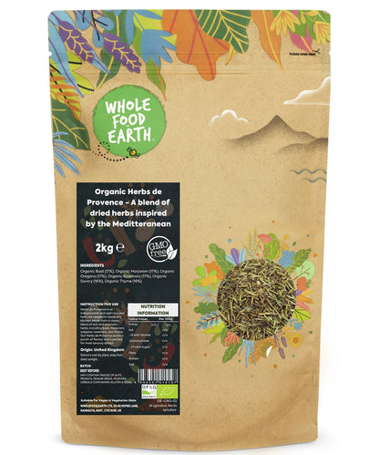 Dried Organic Herbs de Provence blend by Whole Food Earth, featuring Mediterranean-inspired herbs in a 2kg package.