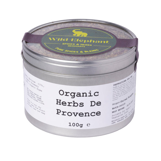 Organic Herbs de Provence from Wild Elephant in a 100g package, showing a colorful blend of dried herbs and spices.