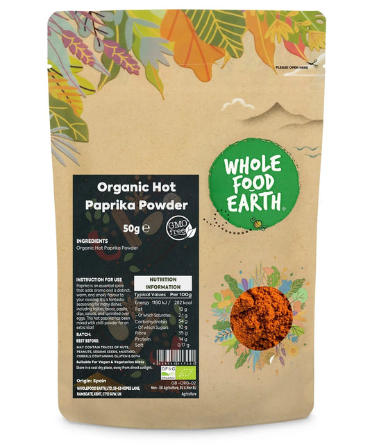 Organic hot paprika powder from ArtisanBox in a 50g jar, vibrant red spice with a fine powder texture.