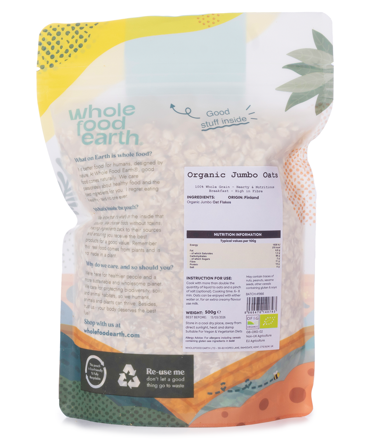 Organic Jumbo Oats cereal from Whole Food Earth in a 500g package, showcasing the raw, whole oats ready for breakfast or baking.