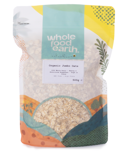 Organic jumbo oats cereal from Whole Food Earth, showing a close-up of plump, whole oats in a clear bowl.