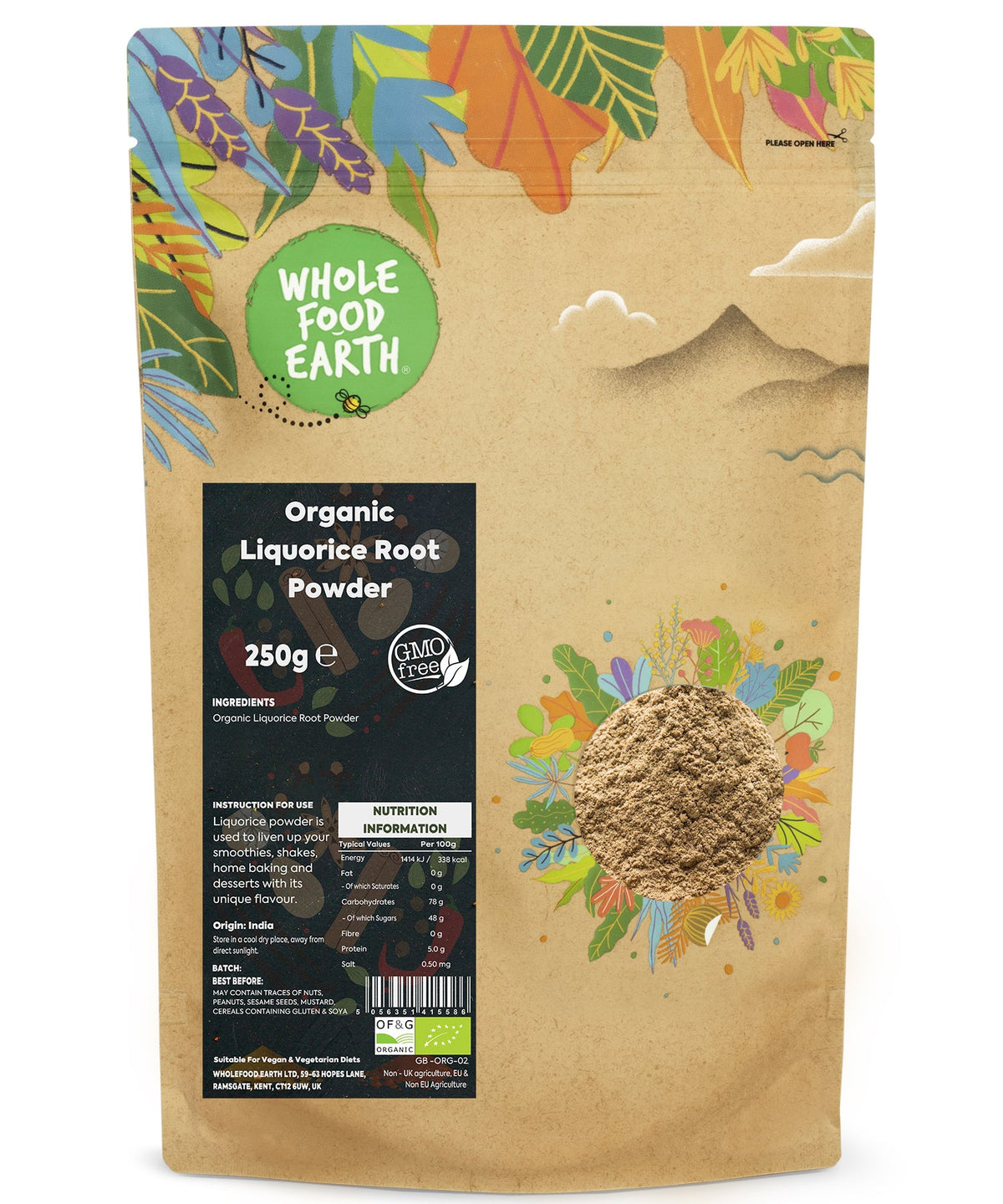 Organic liquorice root powder in a 250g package from Whole Food Earth, showing the fine, light brown herbal spice powder.