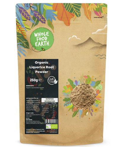 Organic liquorice root powder in a 250g package from Whole Food Earth, showing the fine, light brown herbal spice powder.