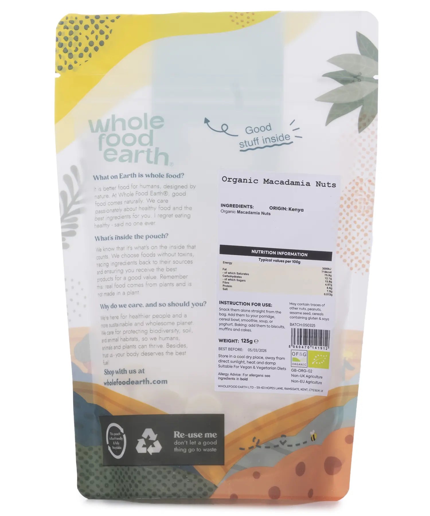 Organic Whole Food Earth macadamia nuts in a 125g package, showcasing creamy, roasted nuts with textured shells and natural appearance.