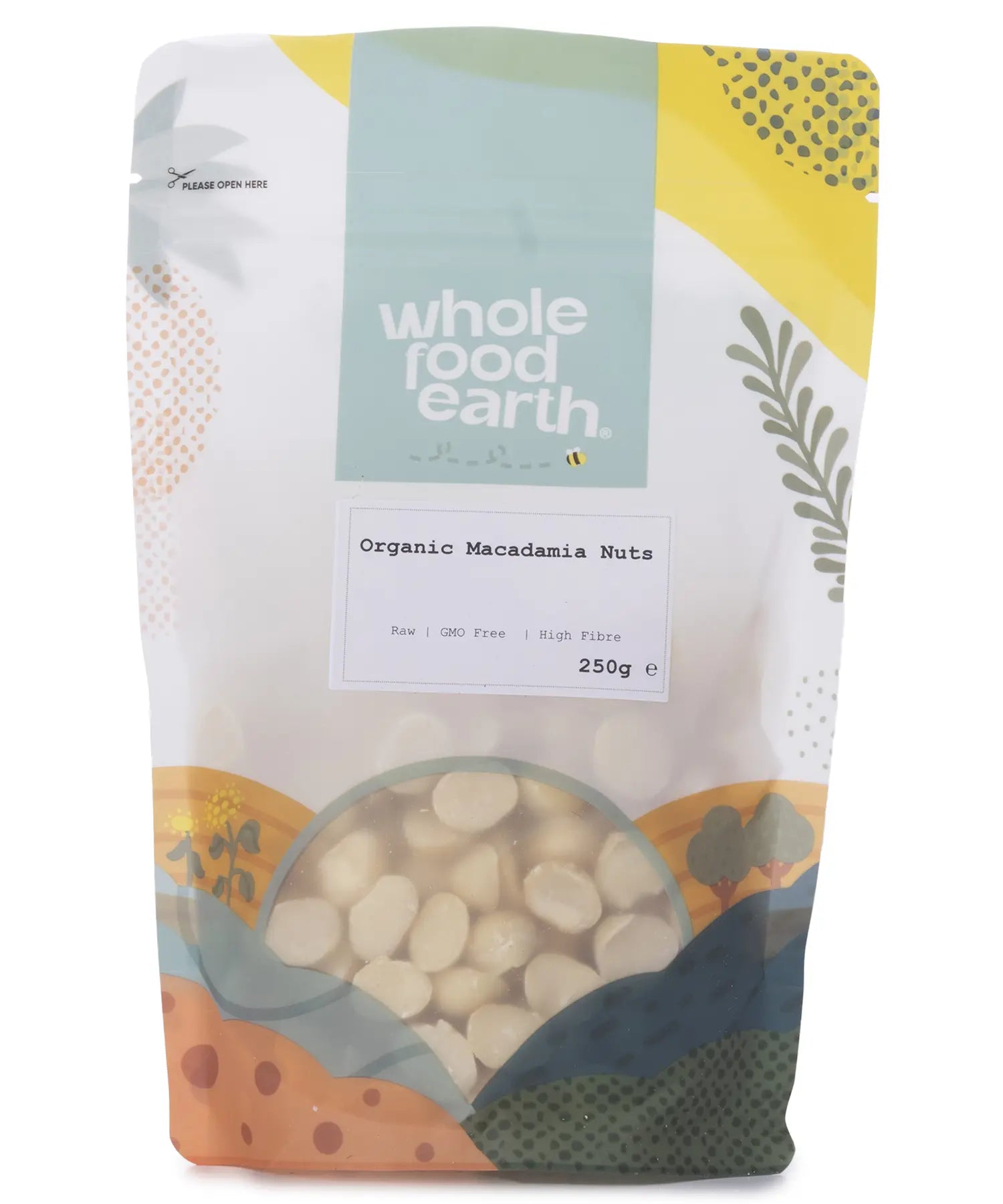 Organic Whole Food Earth macadamia nuts in a 250g package, showcasing fresh, raw nuts with creamy shells and crunchy texture.