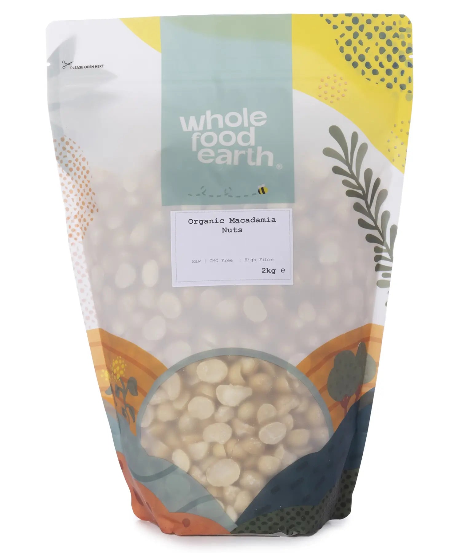 Two kilograms of Whole Food Earth organic macadamia nuts in a clear container, showcasing their creamy, whole nuts.