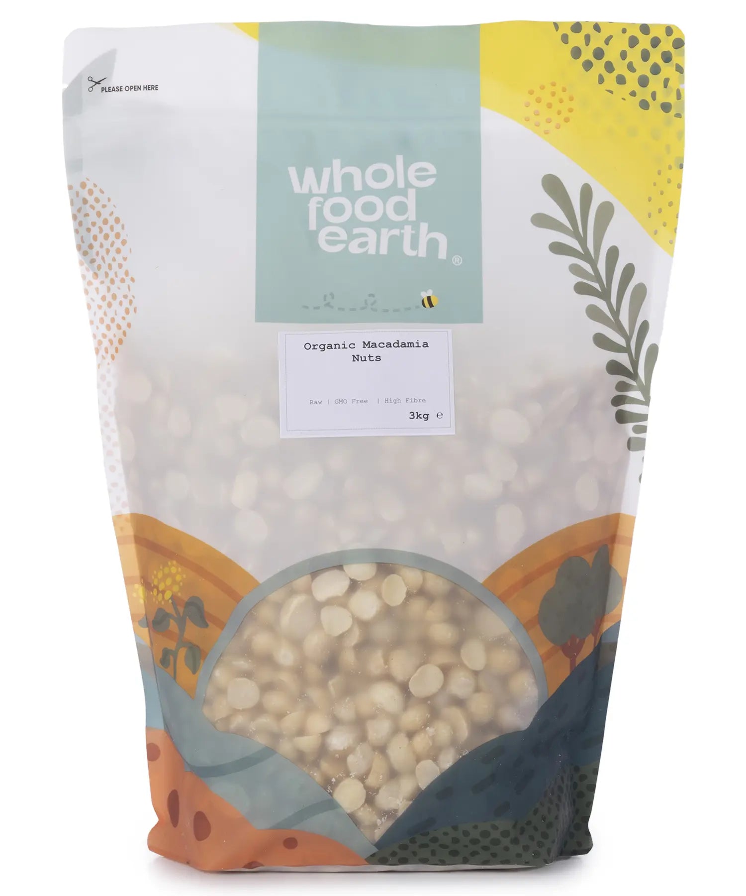 Organic Whole Food Earth macadamia nuts in a 3kg package, showing fresh, raw nuts with shells and nut pieces.