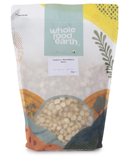 Organic Whole Food Earth macadamia nuts in a 3kg package, showing fresh, raw nuts with shells and nut pieces.
