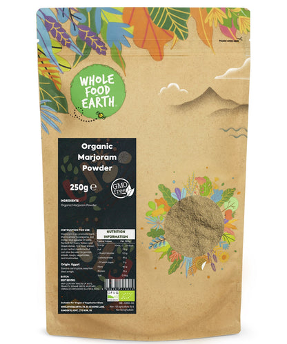 Organic marjoram powder from Whole Food Earth, 250g jar, showing fine, dried herb with greenish-brown color in a clear container.