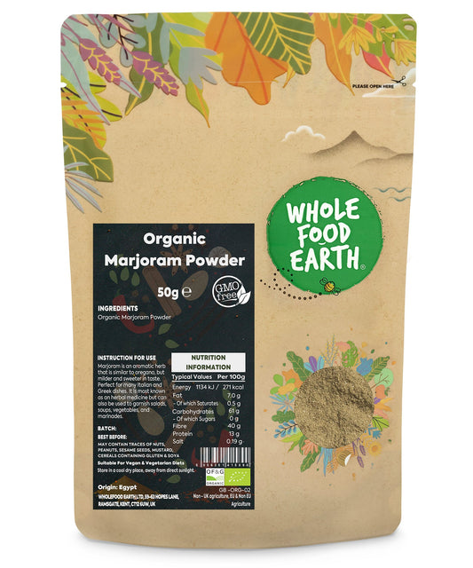 Organic marjoram powder from Whole Food Earth, a 50g jar of dried herbs and spices for culinary use.