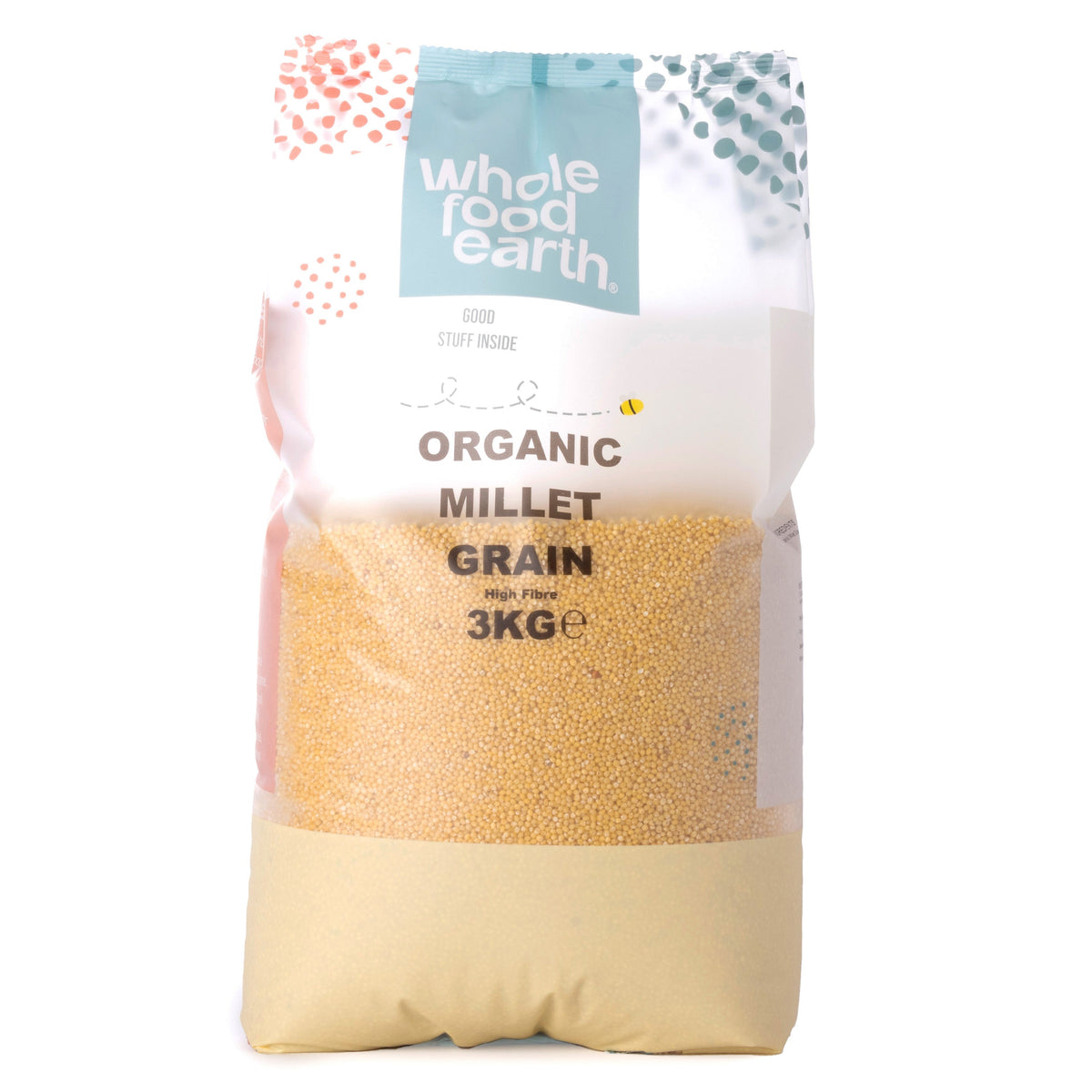 Organic millet grain from Whole Food Earth, showing a 3kg bag of whole millet seeds in a natural setting.