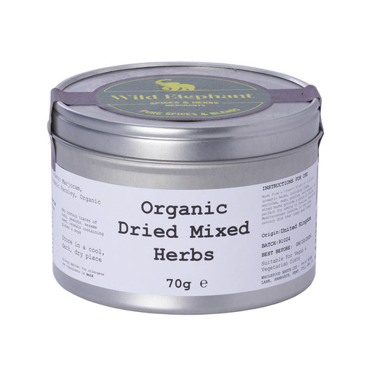 Organic dried mixed herbs from Whole Food Earth, featuring a blend of wild elephant herbs in a 70g package.