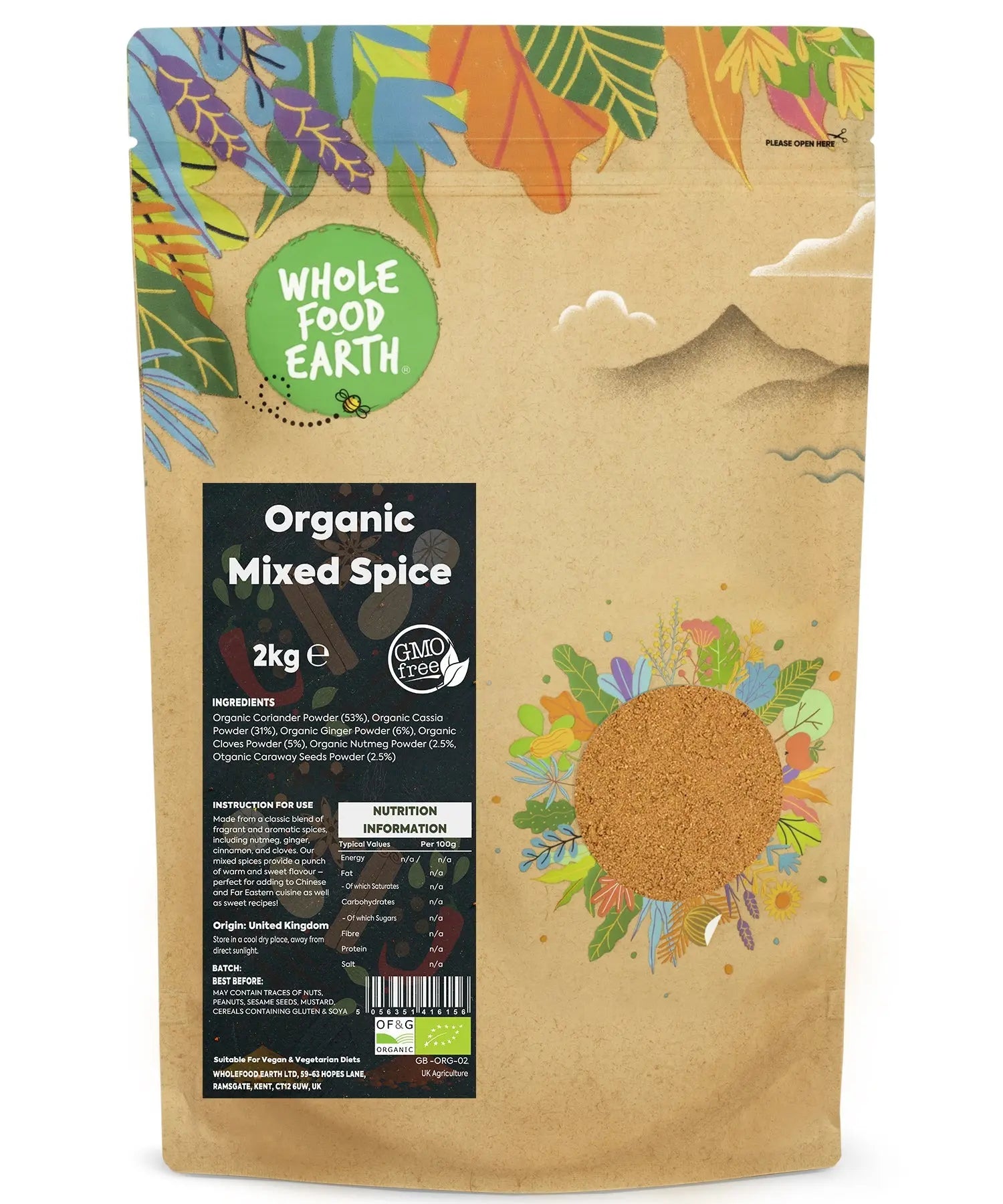 Organic mixed spice blend from Whole Food Earth, showing colorful herbs and spices in a 2kg package.