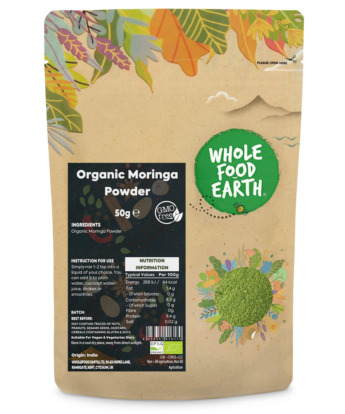 Organic Moringa powder in a 50g package by ArtisanBox, showcasing vibrant green, finely ground superfood for healthy smoothies and recipes.