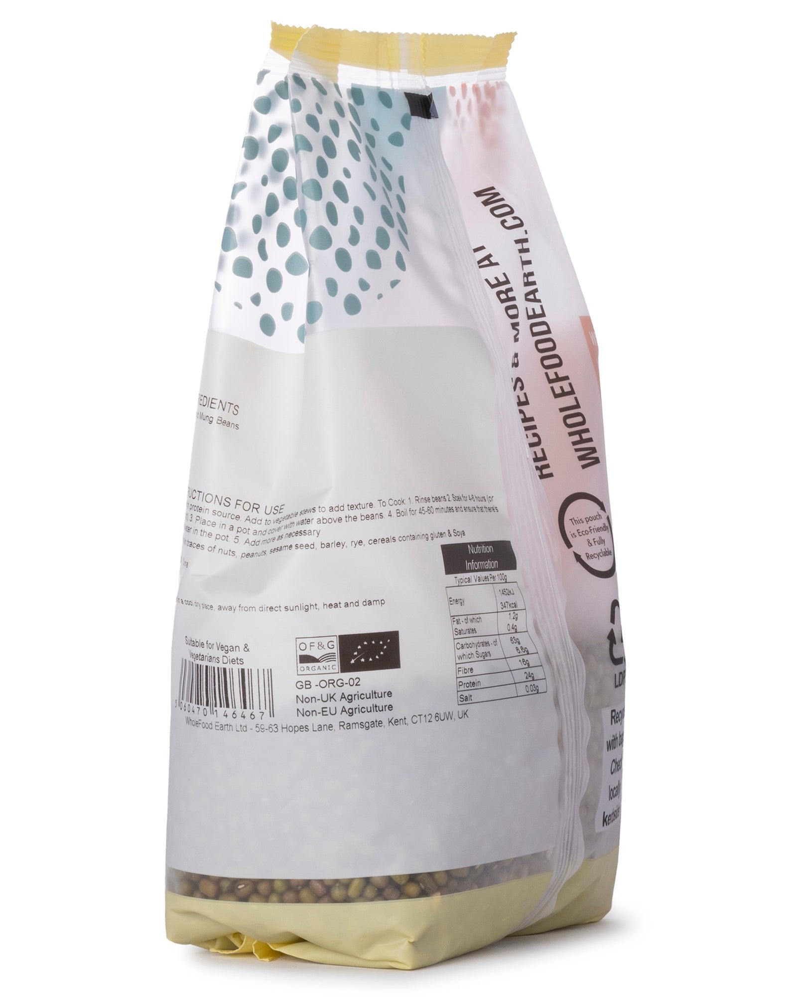 Organic mung beans in a clear bag from Whole Food Earth, showcasing vibrant green beans suitable for cooking or sprouting.
