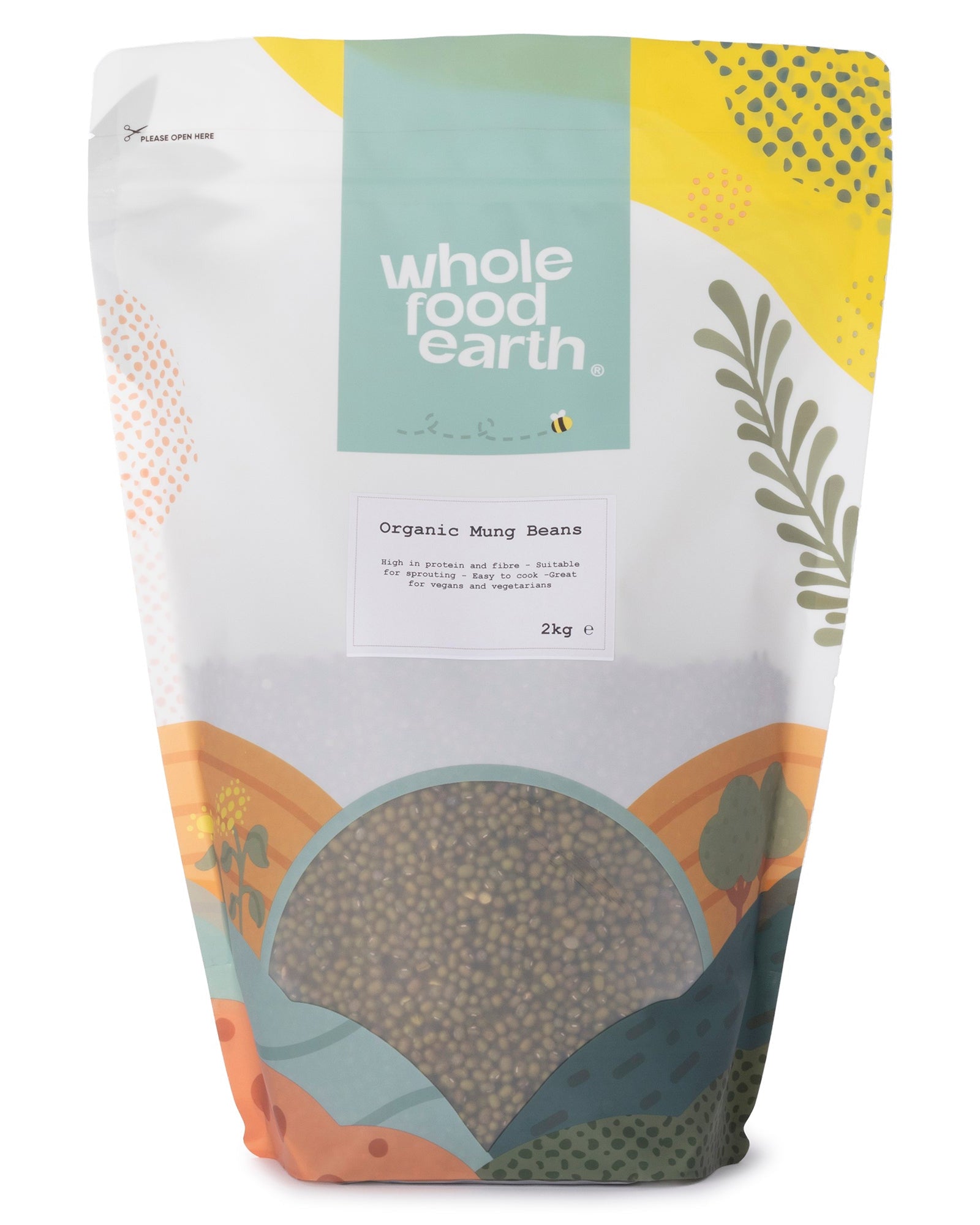 Organic mung beans from Whole Food Earth in a 2kg bag, showing fresh green beans and natural packaging.