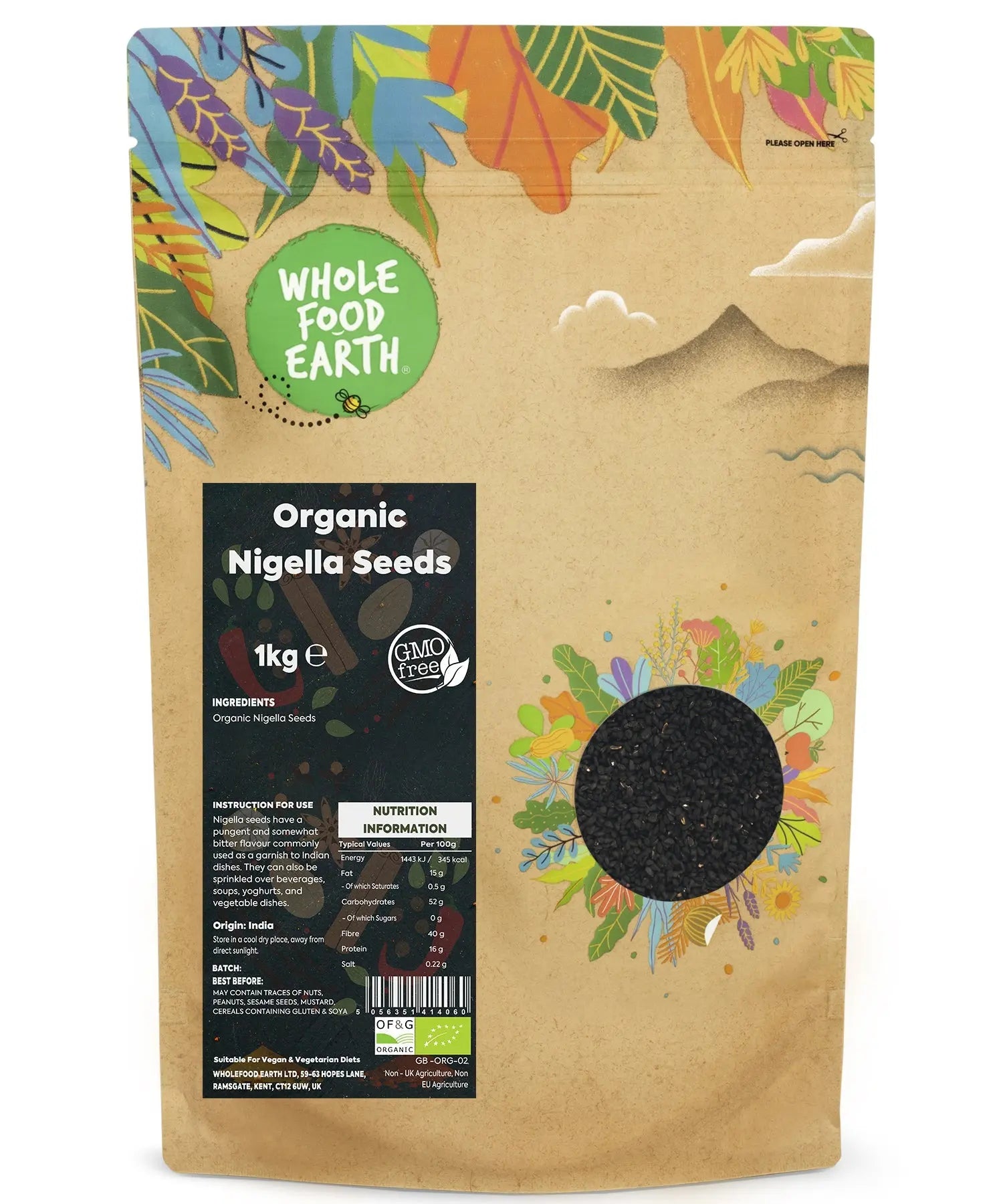 Organic Nigella seeds from Whole Food Earth, 1kg package, showing small black seeds used as herbs and spices in cooking.