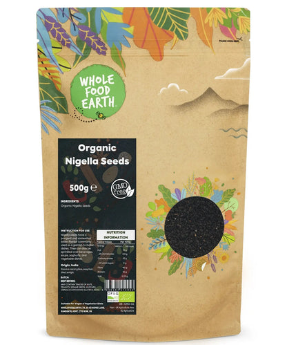 Organic Nigella Seeds in a 500g bag, Whole Food Earth herbal spice, close-up of black seeds used in cooking and seasoning.