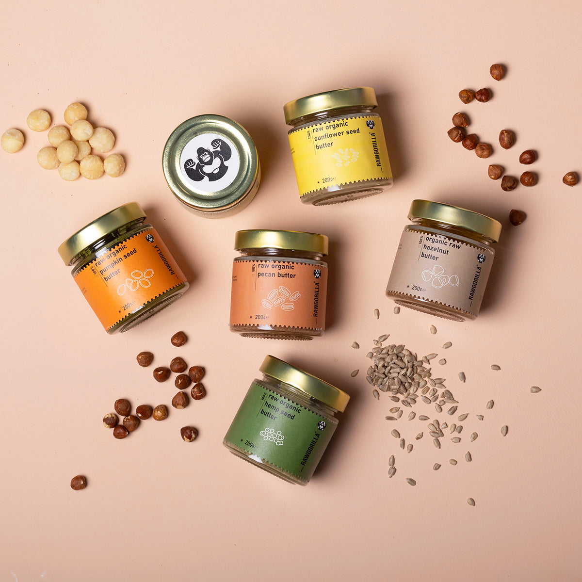 Assorted organic nut and seed butters from Whole Food Earth in a selection box, featuring various creamy and crunchy textures.