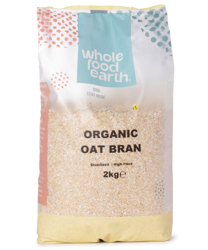 Organic oat bran cereal from Whole Food Earth in a 2kg package, showing the natural oat bran texture and packaging.