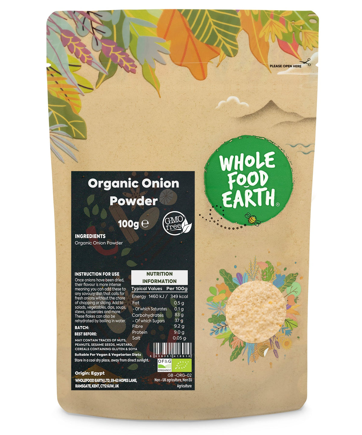 Organic onion powder from Whole Food Earth, in a 100g package, showing finely ground dried onion used as a spice.