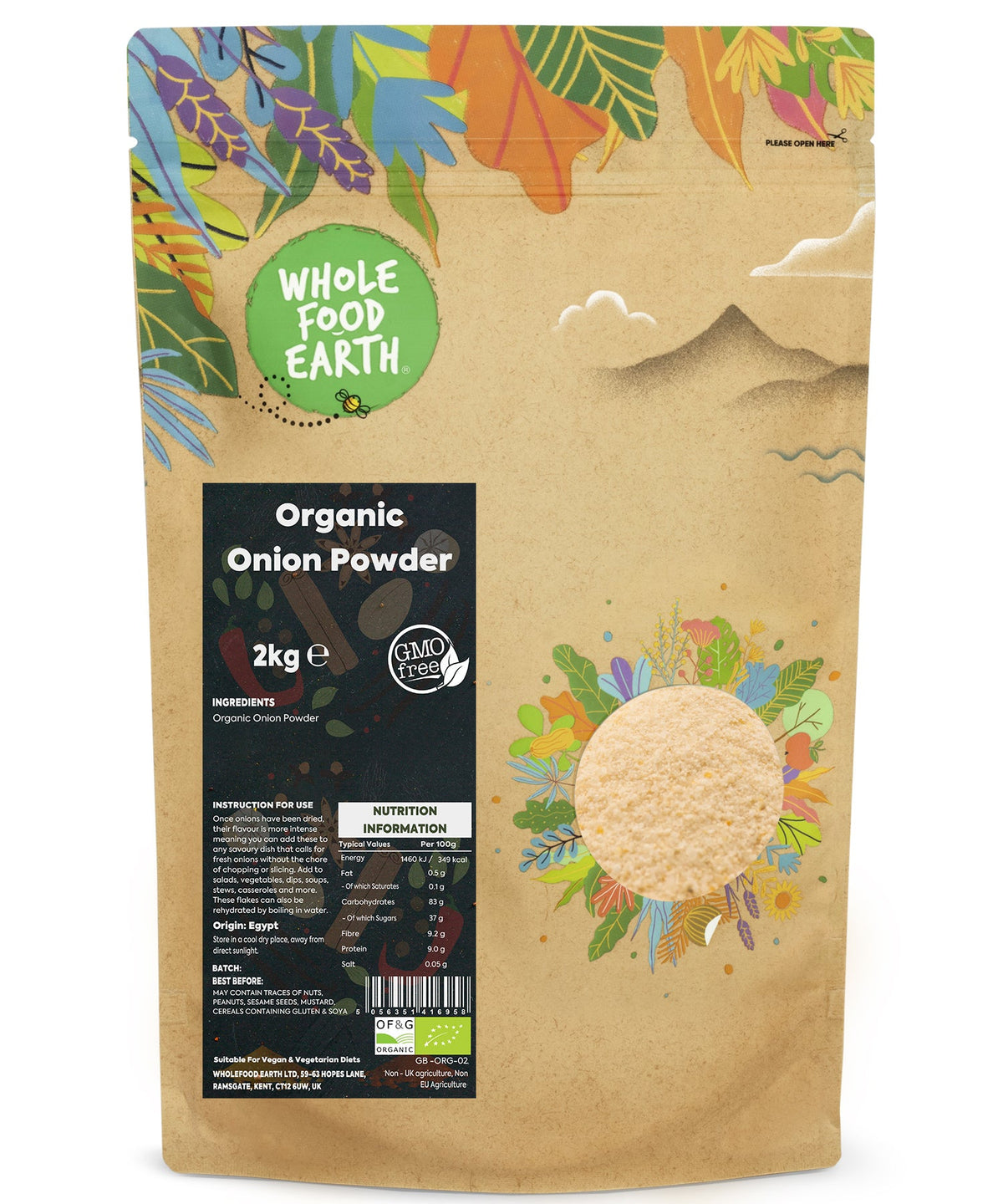 Organic onion powder from Whole Food Earth, 2kg jar, fine dried herbs and spices for cooking and seasoning.