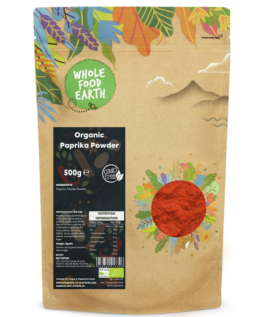 Organic paprika powder in a 500g package, a vibrant red herb used as a spice in cooking by Whole Food Earth.