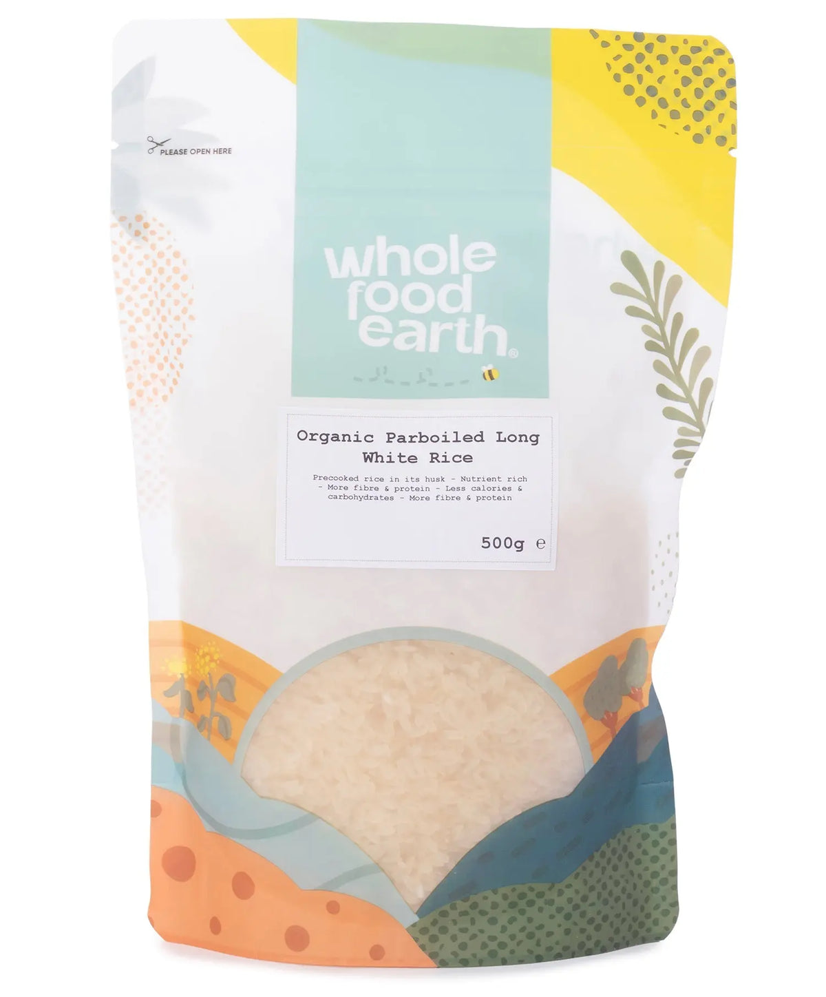 Organic Whole Food Earth parboiled long white rice grains in a clear bowl, showing glossy, uncooked rice.