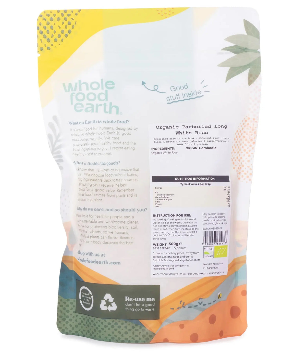 Organic parboiled long white rice from Whole Food Earth, showing a clear view of the uncooked grains in a bowl.