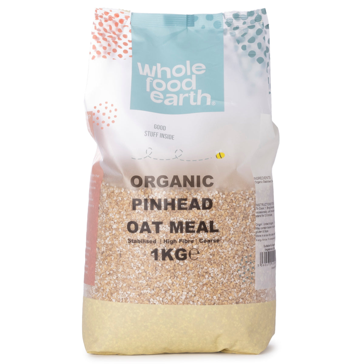 Organic Pinhead Coarse Oatmeal cereal by Whole Food Earth, showing a close-up of the textured oat grains in a bowl.
