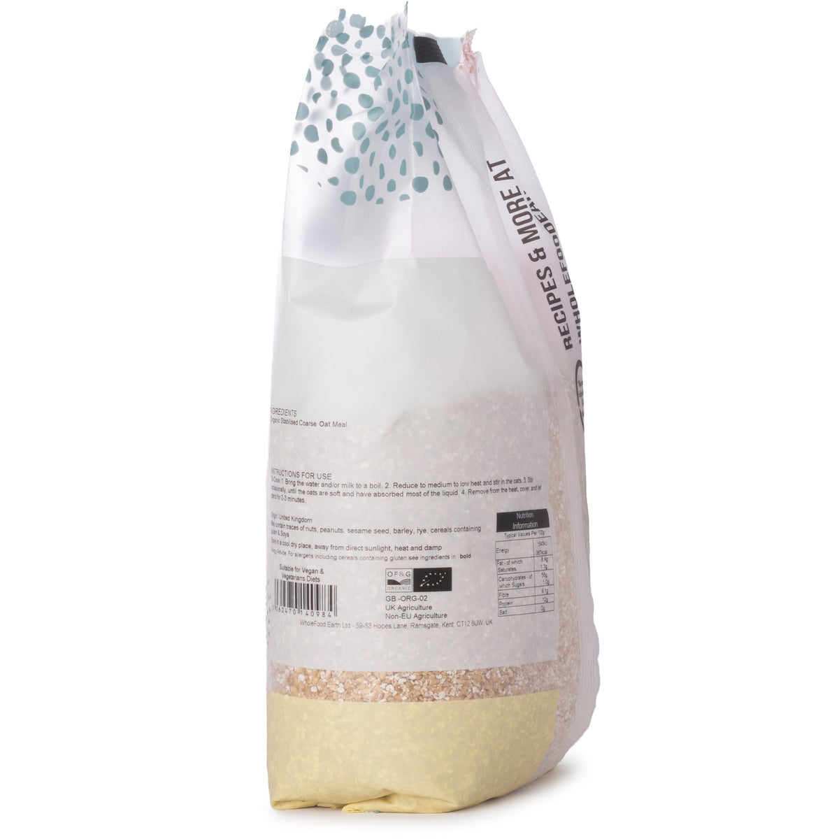 Organic Pinhead Coarse Oatmeal cereal by Whole Food Earth, showing a close-up of the textured oat grains in a jar.