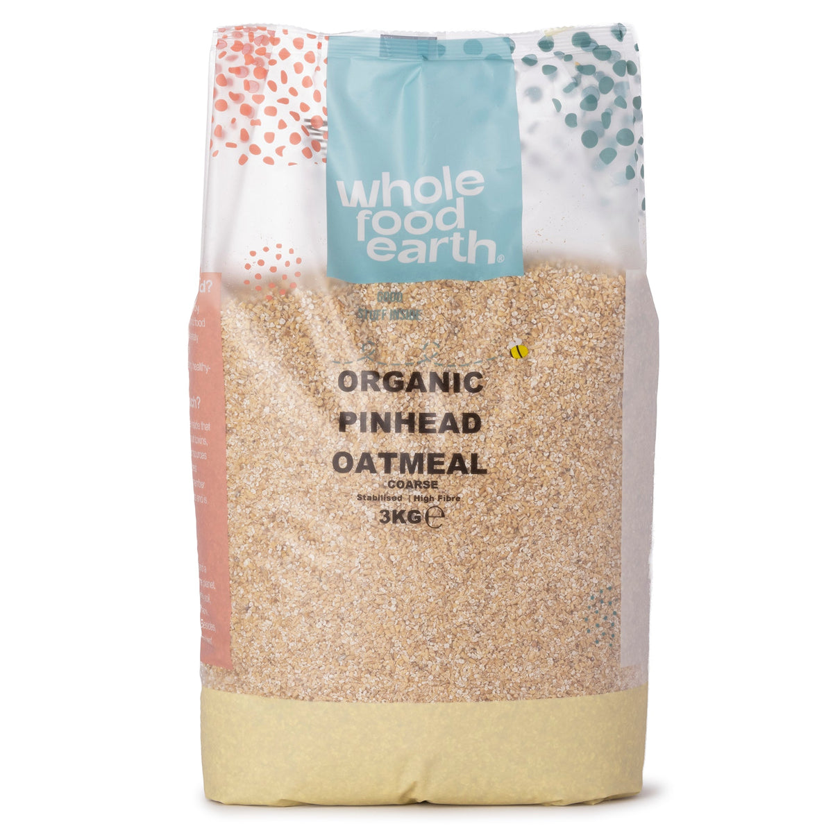 Organic Pinhead Coarse Oatmeal cereal in a 3kg bag from Whole Food Earth, showing the textured oat grains.