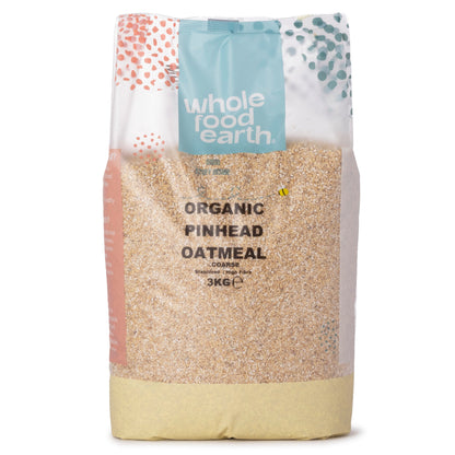 Organic Pinhead Coarse Oatmeal cereal in a 3kg bag from Whole Food Earth, showing the textured oat grains.