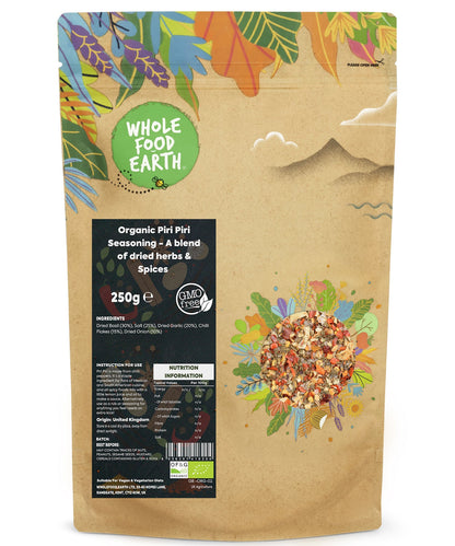Organic Piri Piri seasoning blend from Whole Food Earth, featuring dried herbs and spices in a 250g jar.
