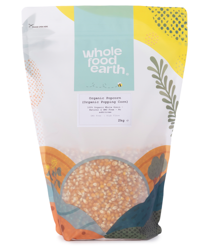 Organic Whole Food Earth popcorn grains in a 2kg bag, ready for popping, with natural golden kernels on the bag.