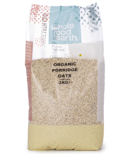 Organic Porridge Oats cereal from Whole Food Earth in a 3kg package, featuring a close-up of the oat flakes in a bowl.