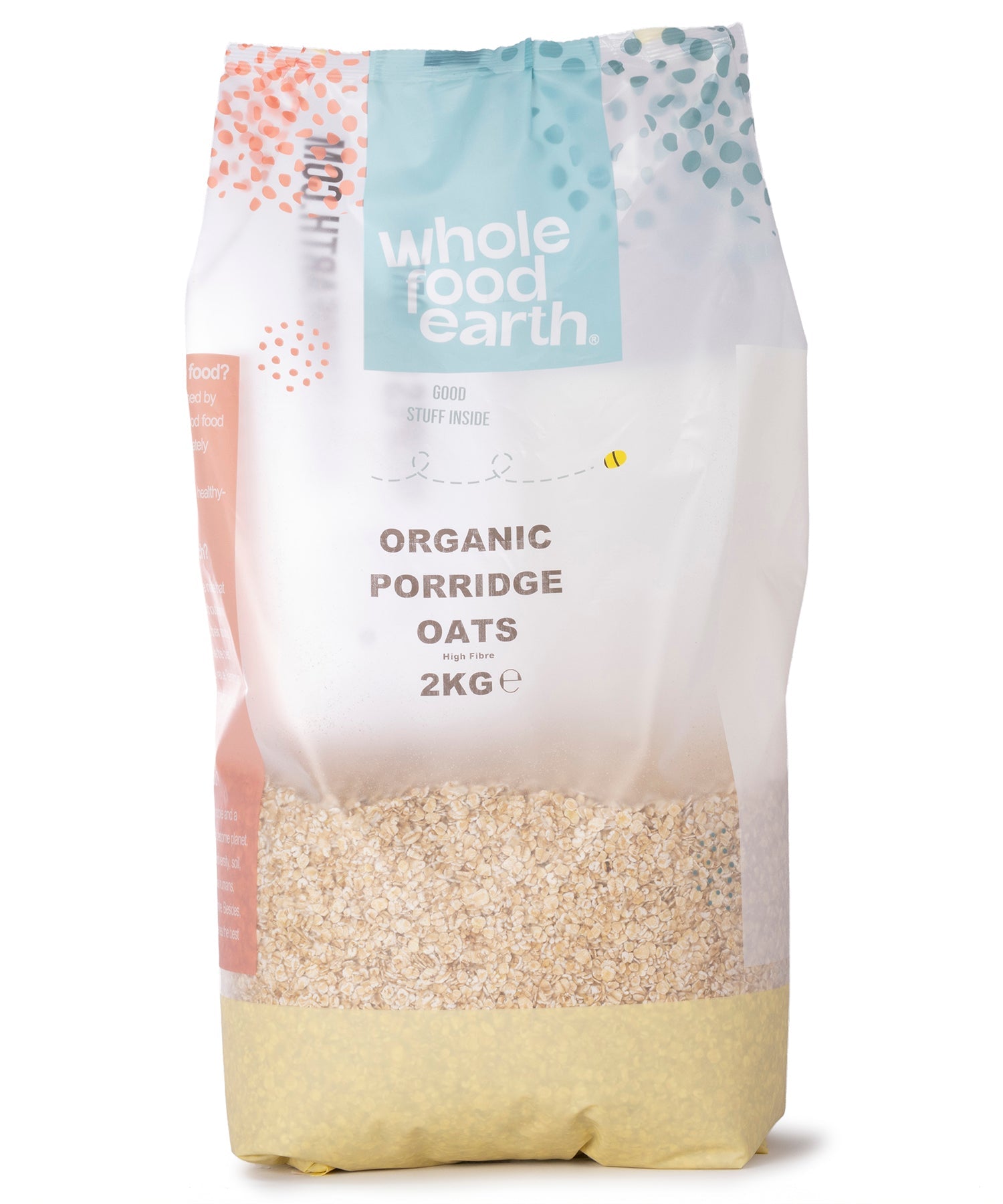 Organic Porridge Oats from Whole Food Earth in a 2kg package, showing a close-up of the textured oats in a bowl.