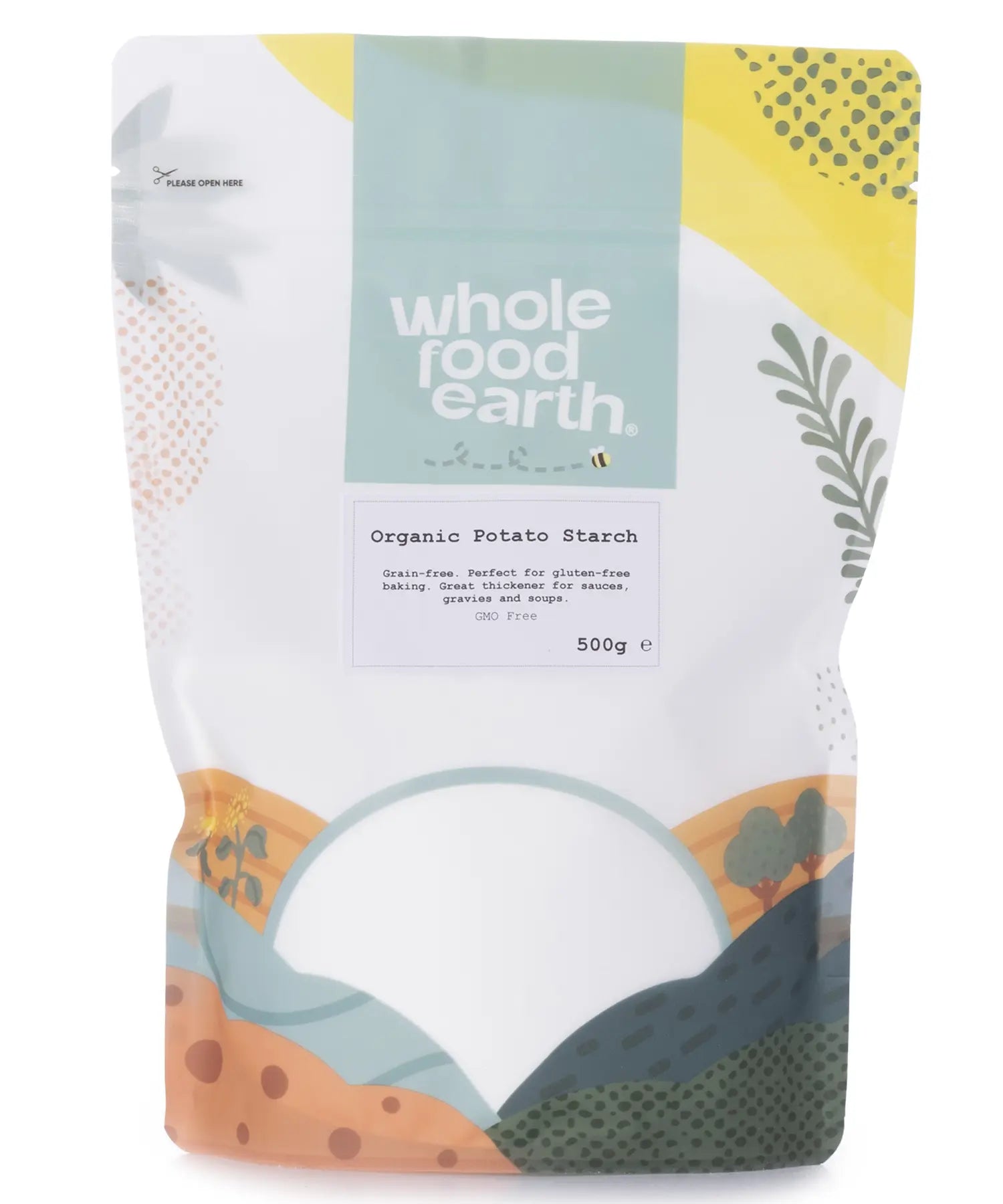 Organic potato starch in a 500g package from Whole Food Earth, showcasing a natural, fine white flour suitable for cooking and baking.