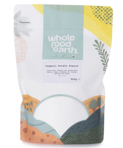 Organic potato starch in a 500g package from Whole Food Earth, showcasing a natural, fine white flour suitable for cooking and baking.
