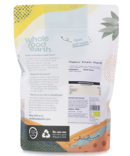 Organic potato starch in a 500g package from Whole Food Earth, showing a white powder in a clear bag.