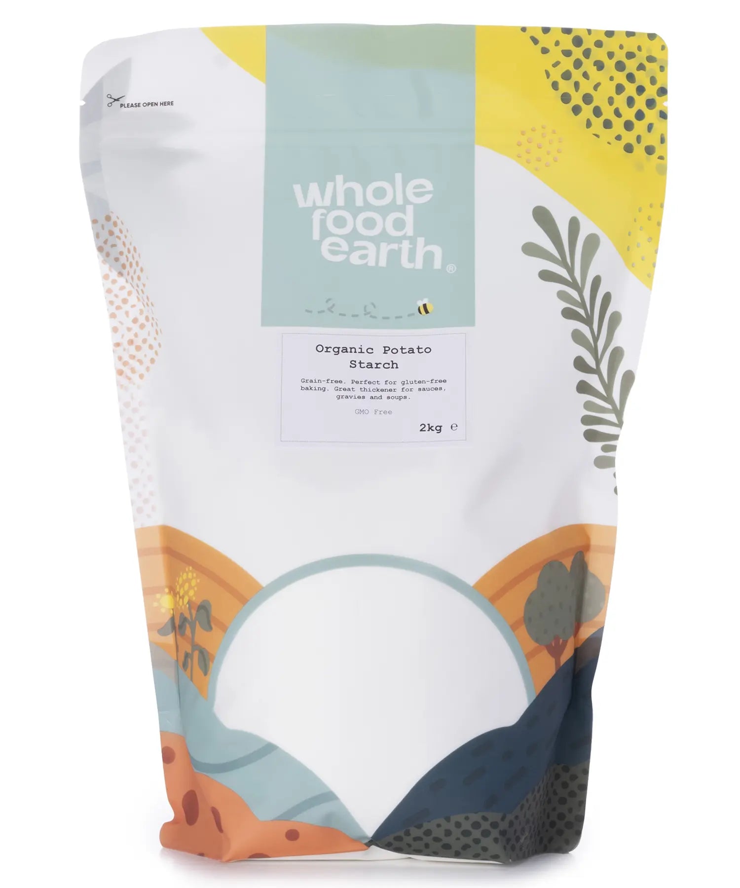 Organic potato starch from Whole Food Earth, 2kg, in a clear bag, showing fine white powder used as a gluten-free flour alternative.