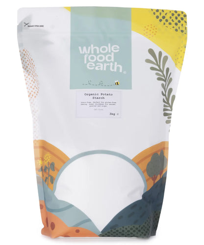 Organic potato starch from Whole Food Earth, 3kg bag, showing fine, white flour-like powder used in cooking and baking.