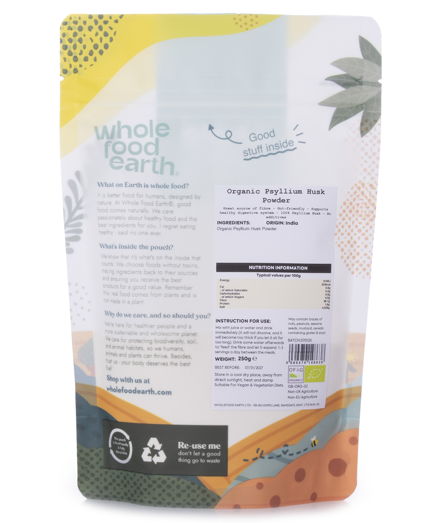 Organic Psyllium Husk Powder from Whole Food Earth, close-up of the 250g specialty product in a clear container.