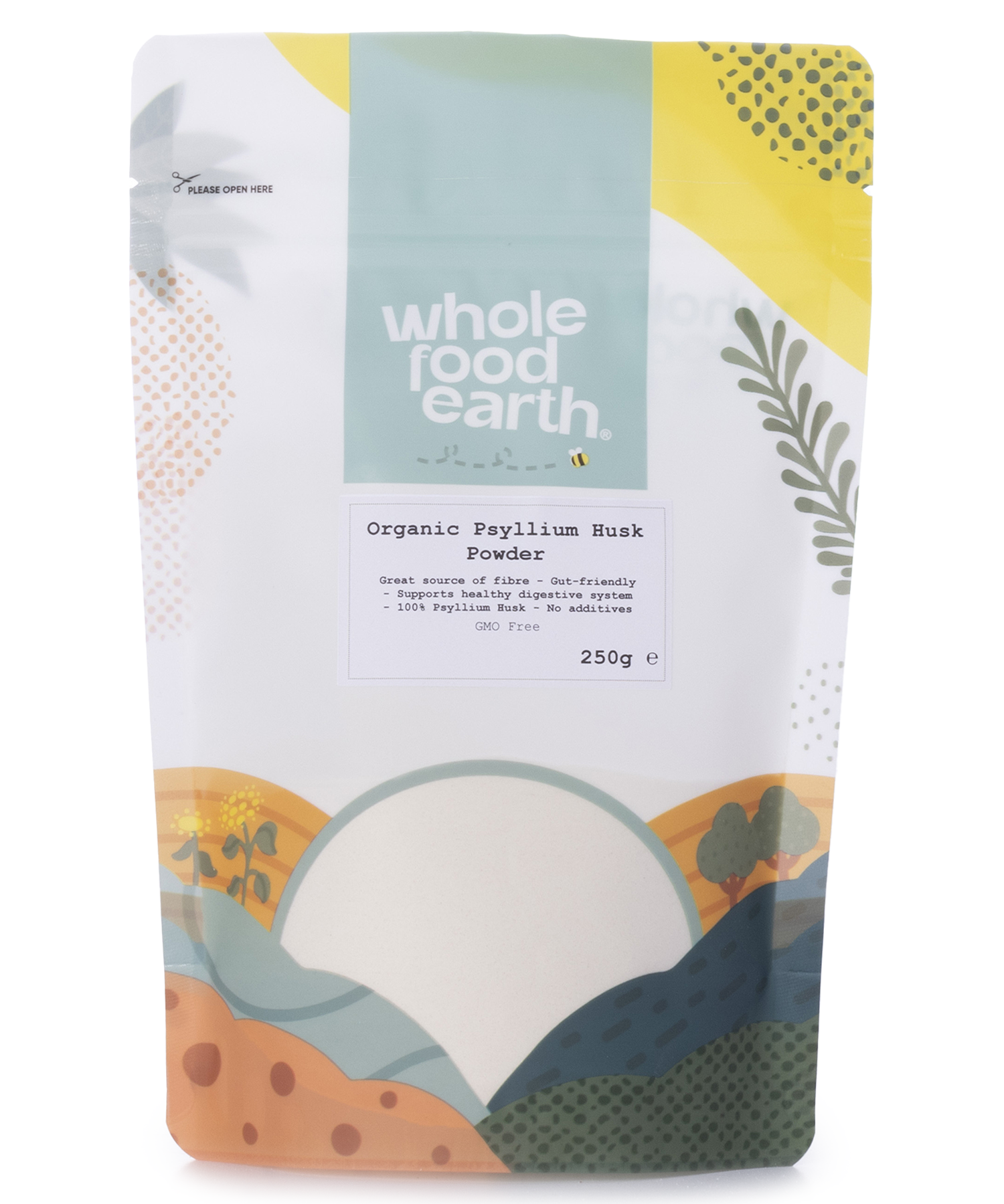 Organic Psyllium Husk Powder from Whole Food Earth, showing the light brown, fine-textured powder in a clear container.