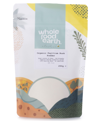 Organic Psyllium Husk Powder from Whole Food Earth, showing the light brown, fine-textured powder in a clear container.