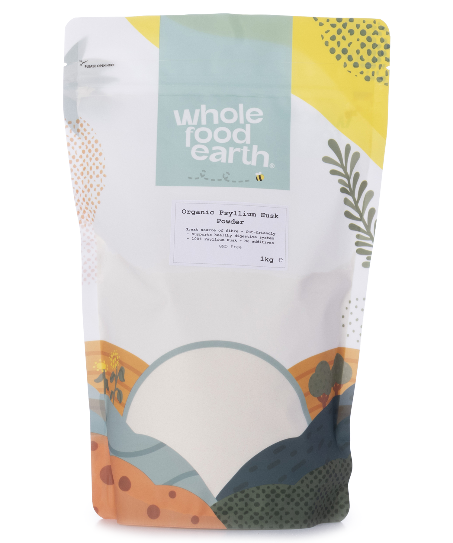 Organic Psyllium Husk Powder by Whole Food Earth in a 1kg bag, showing the fine, light brown powder used as a dietary fiber supplement.