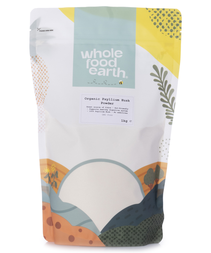 Organic Psyllium Husk Powder by Whole Food Earth in a 1kg bag, showing the fine, light brown powder used as a dietary fiber supplement.