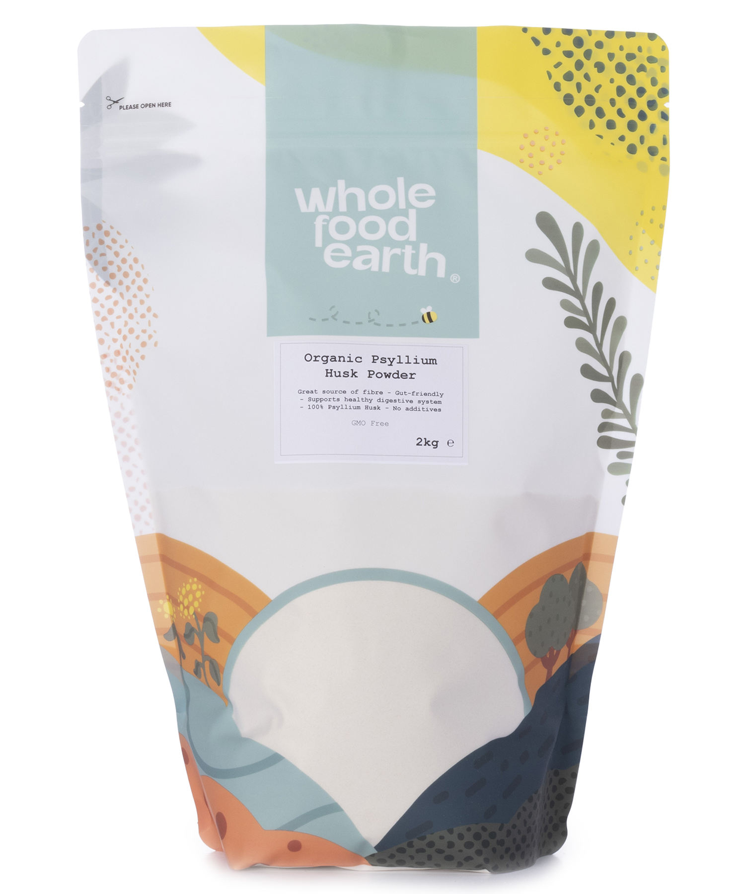 Organic Psyllium Husk Powder in a 2kg bag by Whole Food Earth, showcasing the finely ground, natural fiber supplement.